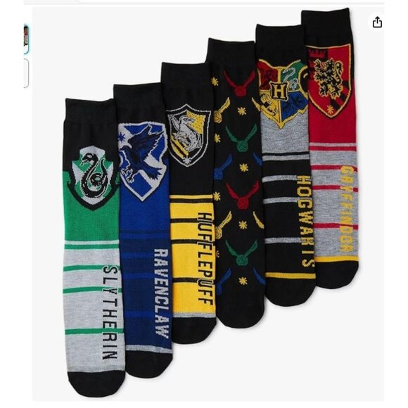 Men's 6-Pack Harry Potter House Crest Crew Socks Hufflepuff Ravenclaw Slytherin - Picture 1 of 13